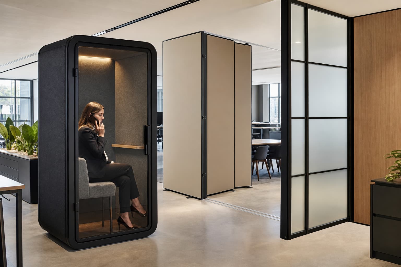 Un professionnel passe un appel dans une cabine acoustique insonorisée intégrée à un espace de bureau open-space lumineux cloisonné.