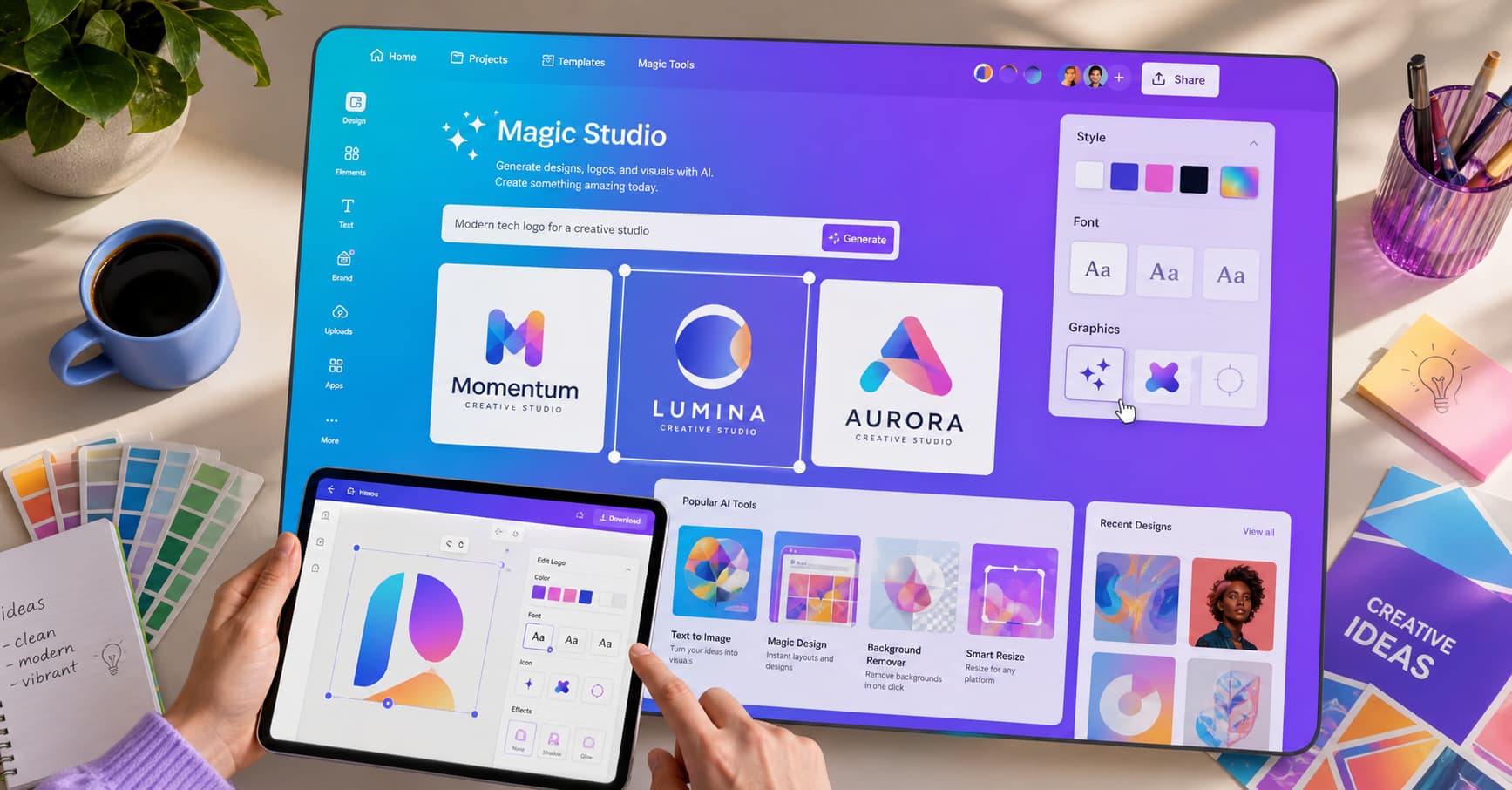 Des mains utilisant une tablette tactile pour personnaliser des modèles de logos colorés sur l