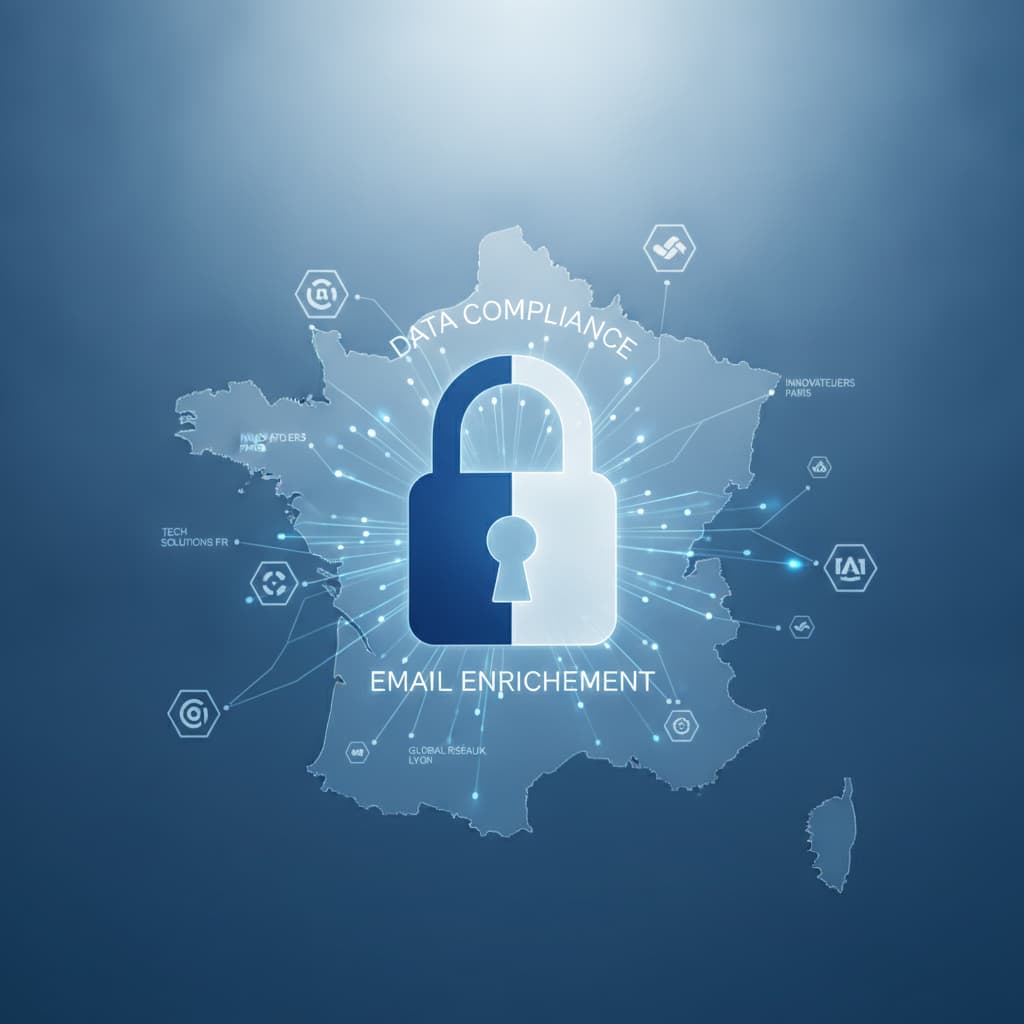 Icône de cadenas translucide superposée sur un réseau numérique de connexions d'entreprises françaises en bleu et blanc, style minimaliste et professionnel.