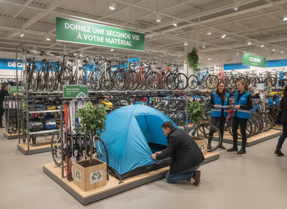 Client examinant une tente d'occasion dans le rayon Occasions d'un magasin Décathlon, avec des vélos et skis d'occasion en arrière-plan, employés en gilets bleus et panneau 'Donnez une seconde vie à votre matériel'.