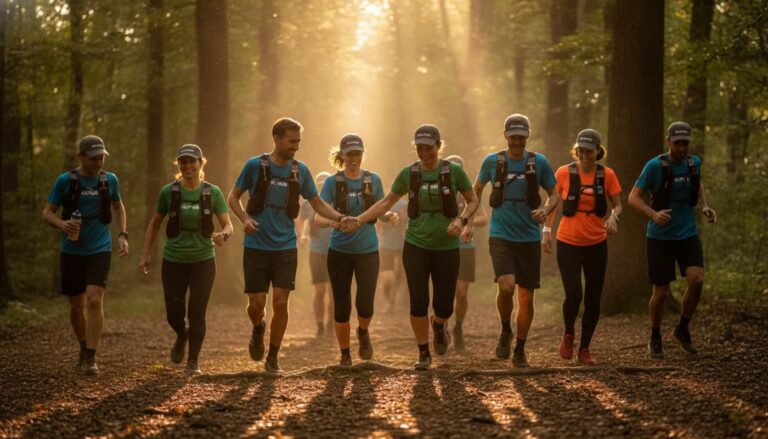 Un groupe de personnes courant dans une forêt ensoleillée, portant des vêtements de sport Décathlon.