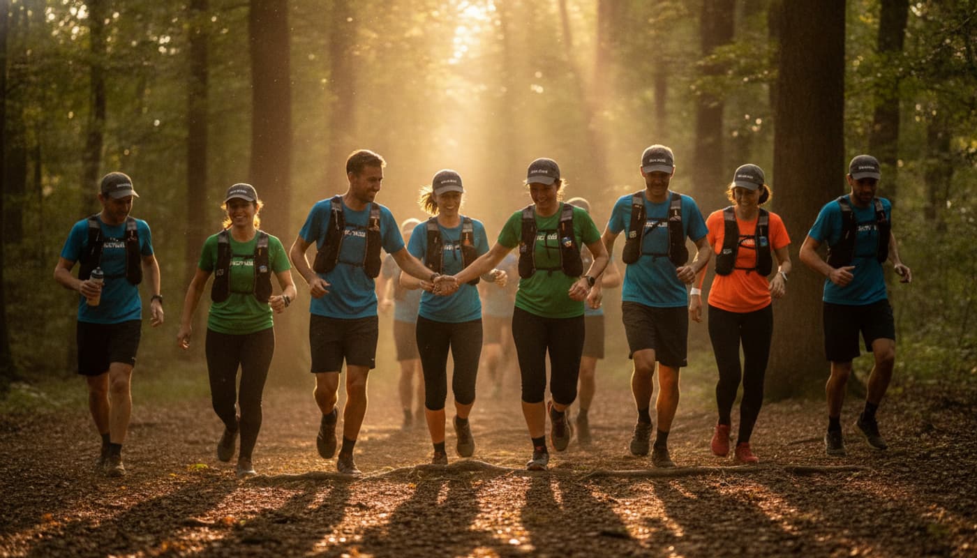 Un groupe de personnes courant dans une forêt ensoleillée, portant des vêtements de sport Décathlon.
