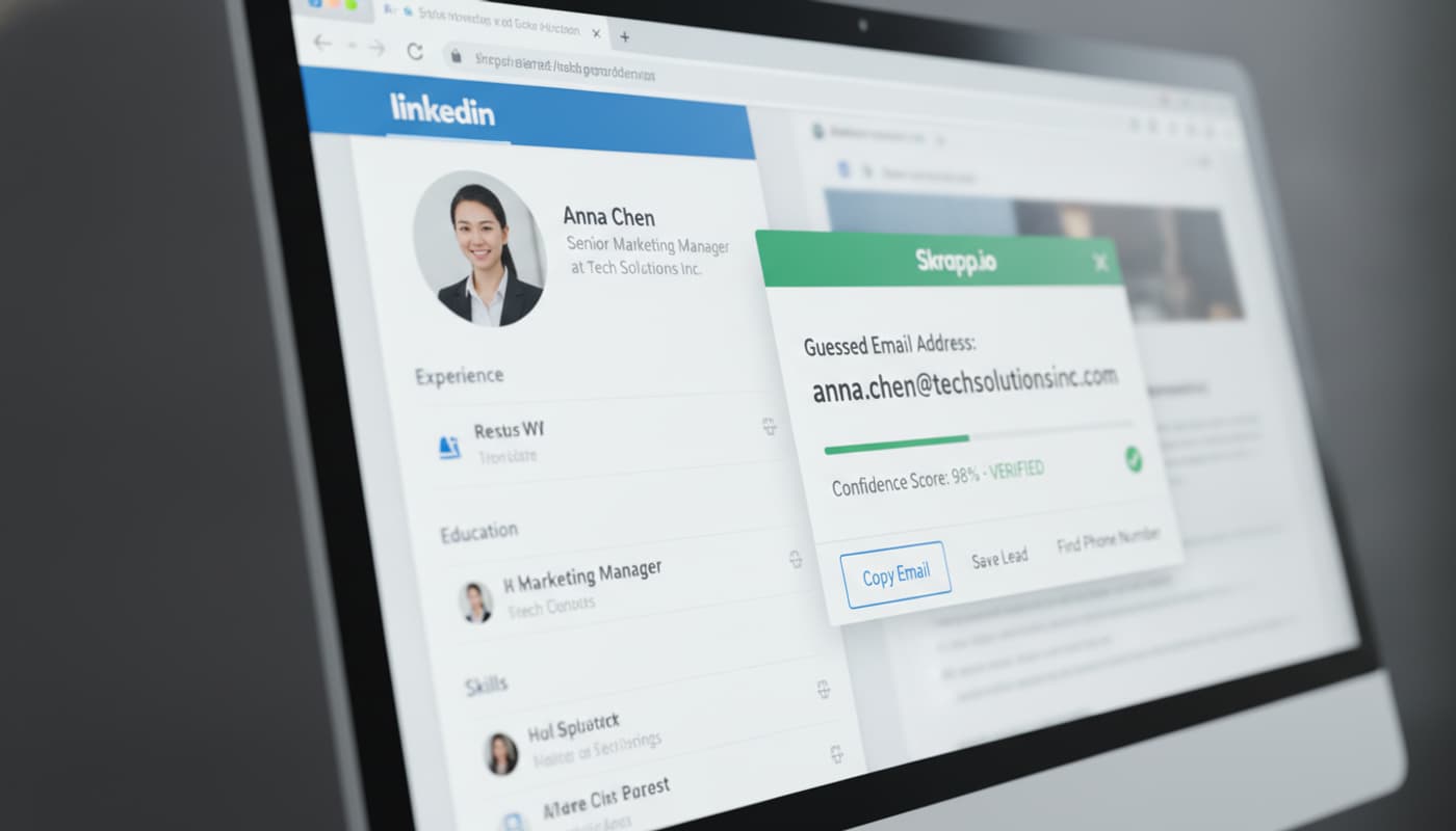 Un écran partagé montrant à gauche un profil LinkedIn et à droite une fenêtre contextuelle de l'extension Skrapp affichant une adresse email devinée avec un score de confiance élevé.
