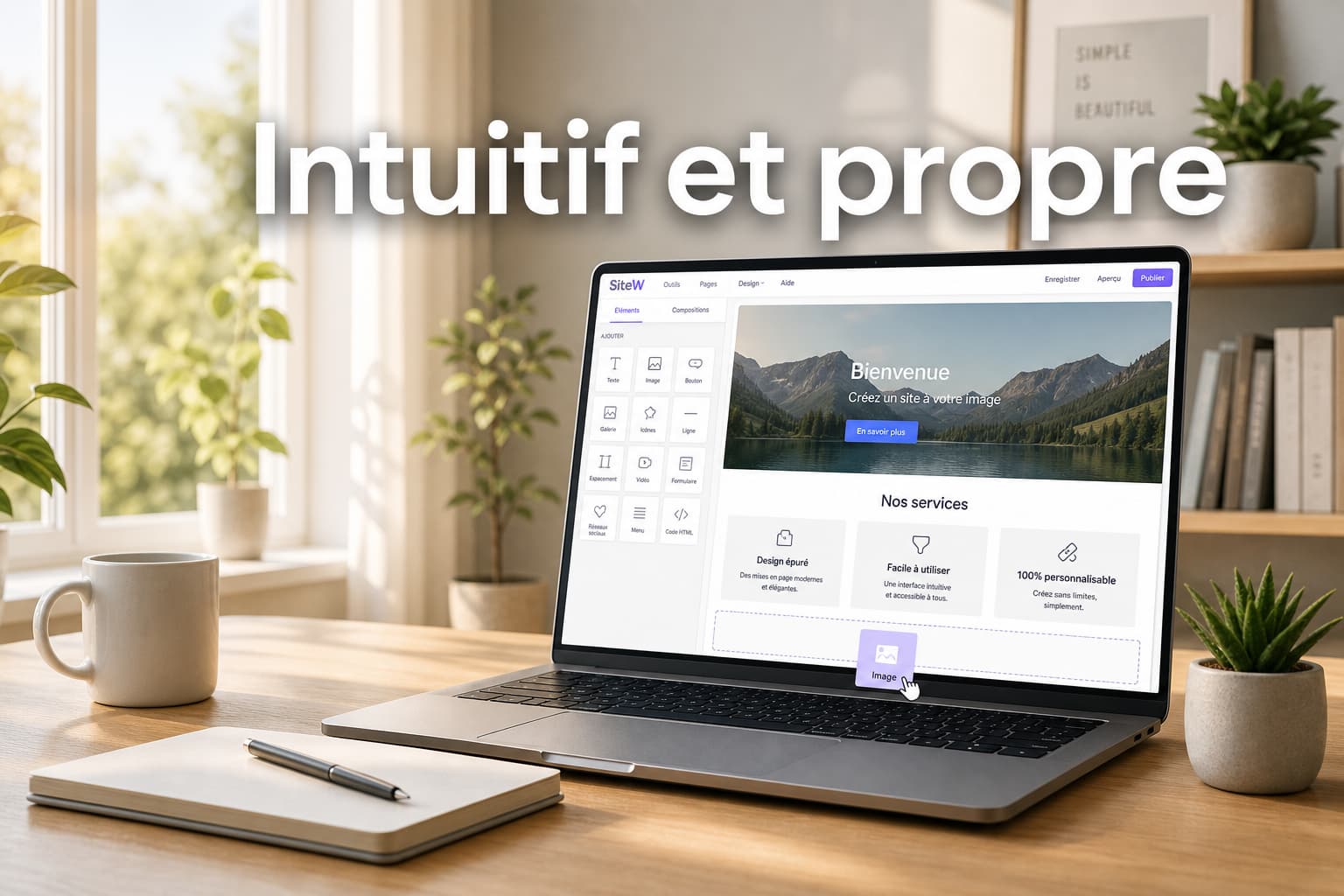 Un bureau lumineux avec un ordinateur portable affichant l