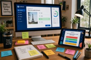Un espace de travail créatif avec un grand écran affichant une interface de quiz interactive, une tablette montrant une question à choix multiples colorée, des pense-bêtes éparpillés, un éclairage naturel chaleureux et un flou artistique de plantes à l’arrière-plan, dans un style éditorial épuré avec des accents bleus, jaunes et verts.