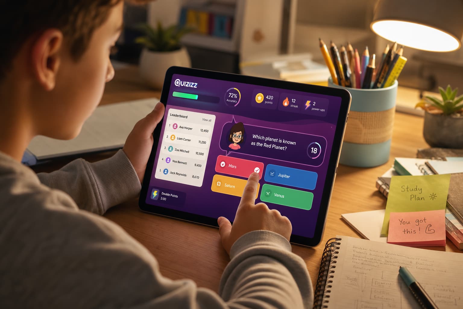 Jeune élève travaillant sur une tablette affichant une interface de quiz gamifié colorée avec des bonus et un avatar, dans un environnement d