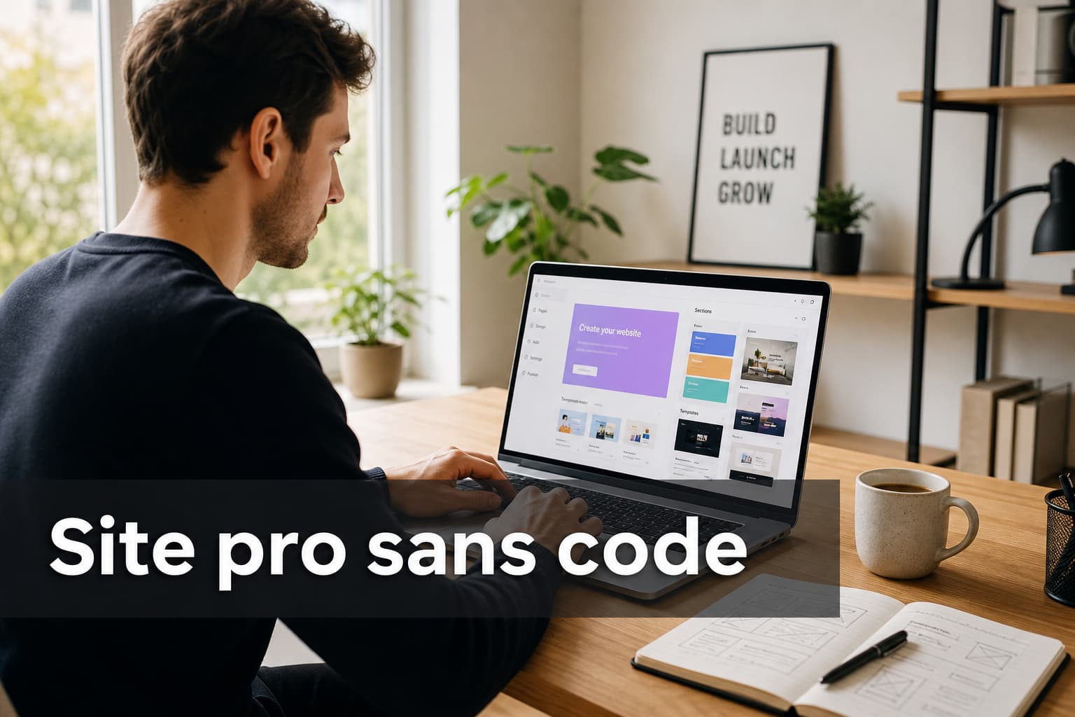Jeune entrepreneur utilisant un ordinateur portable avec une interface de création de site sans code, dans un bureau lumineux avec carnet, croquis et café, lumière naturelle et texte superposé