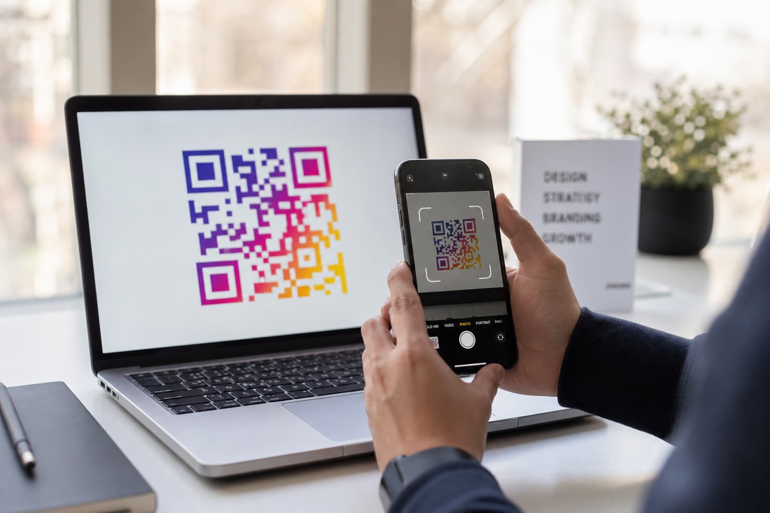 Un bureau moderne et épuré où un ordinateur portable affiche un QR code coloré, scanné par un smartphone, avec une lumière naturelle douce et une faible profondeur de champ mettant en valeur le code et l