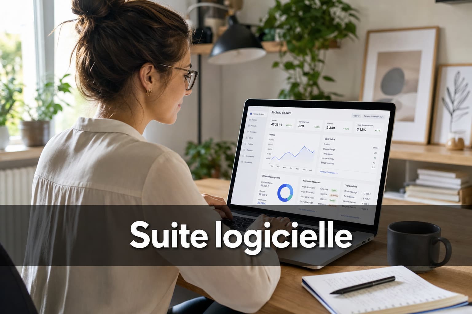 Femme entrepreneur travaillant sur un ordinateur portable dans un bureau moderne lumineux, regardant un tableau de bord numérique unifié affichant des métriques commerciales, avec le texte