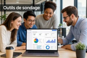 Divers professionnels collaborent autour d'un ordinateur portable dont l'écran affiche des diagrammes colorés et le texte 'Outils de sondage' en surimpression.