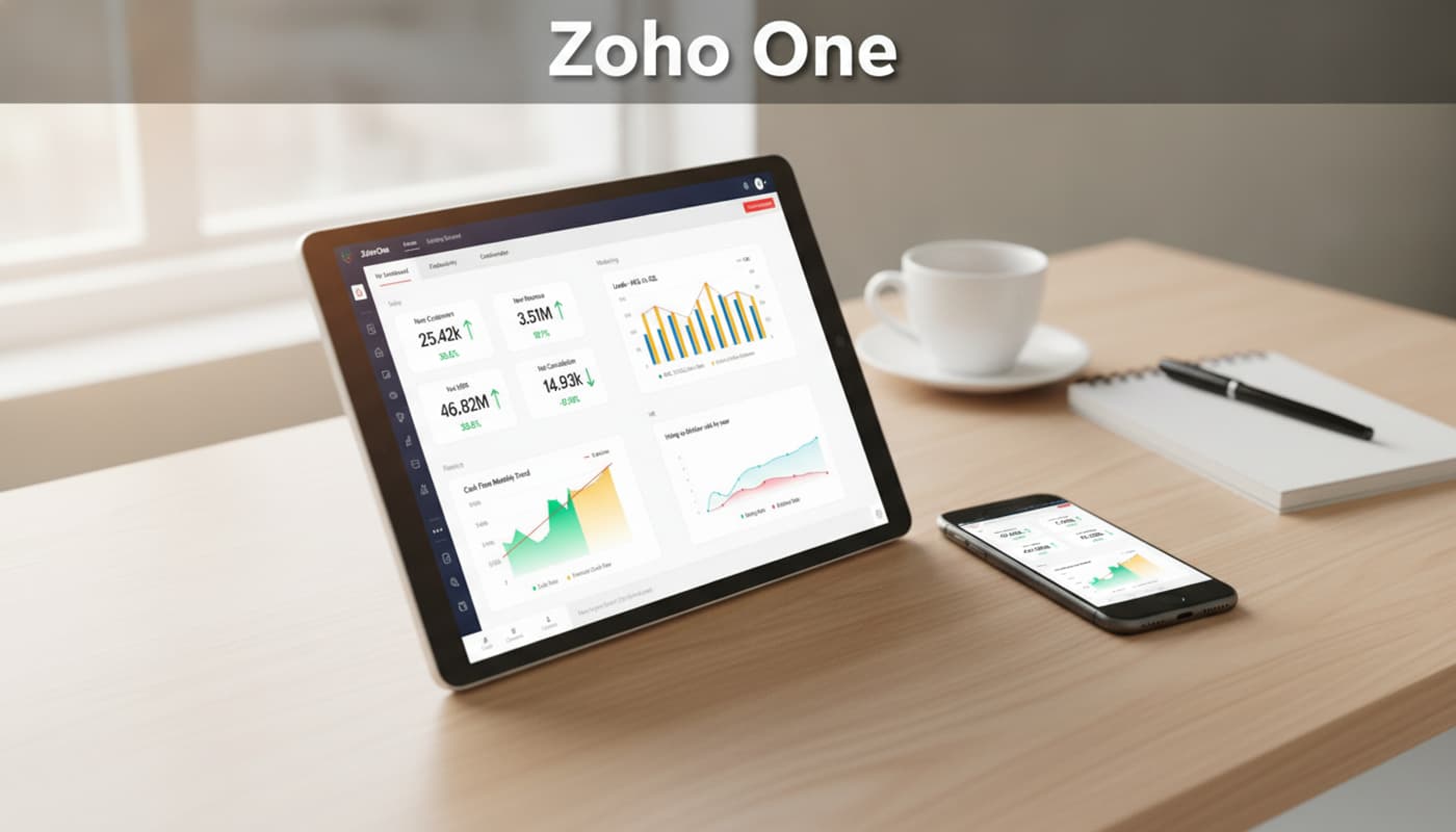Tablette et smartphone affichant l'interface Zoho One avec des widgets de gestion client et d'email marketing, sur un bureau propre avec une tasse de café et un carnet, baignées de lumière naturelle, avec le texte 'Zoho One' en surimpression.