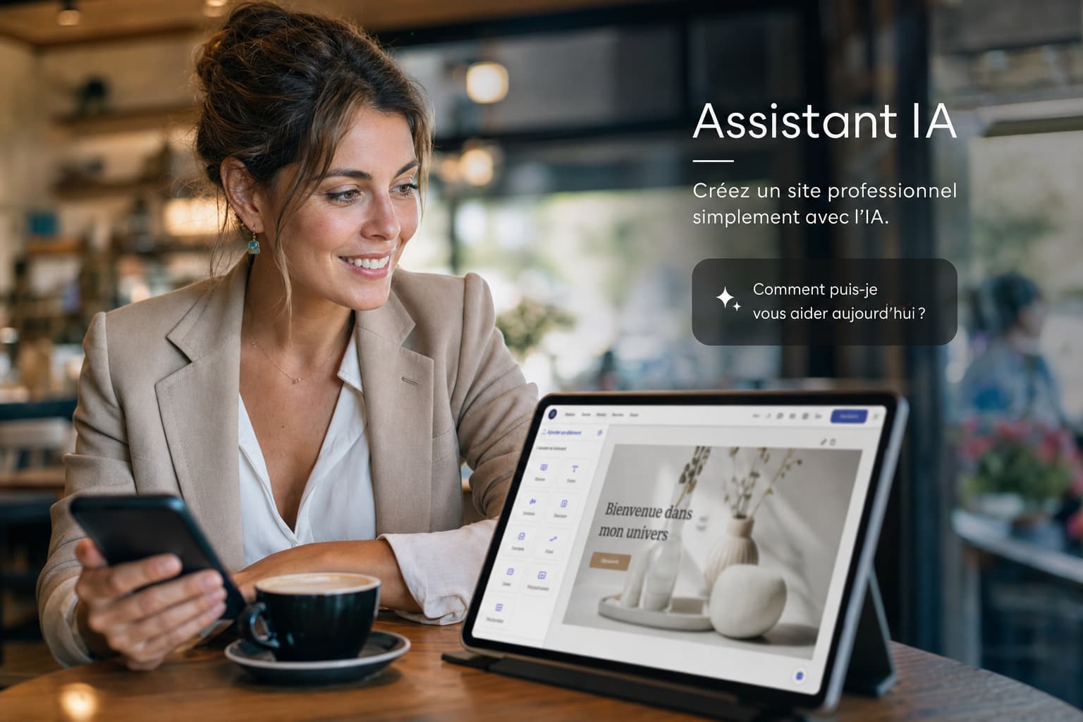 Une femme entrepreneuse souriante tenant un smartphone affichant l