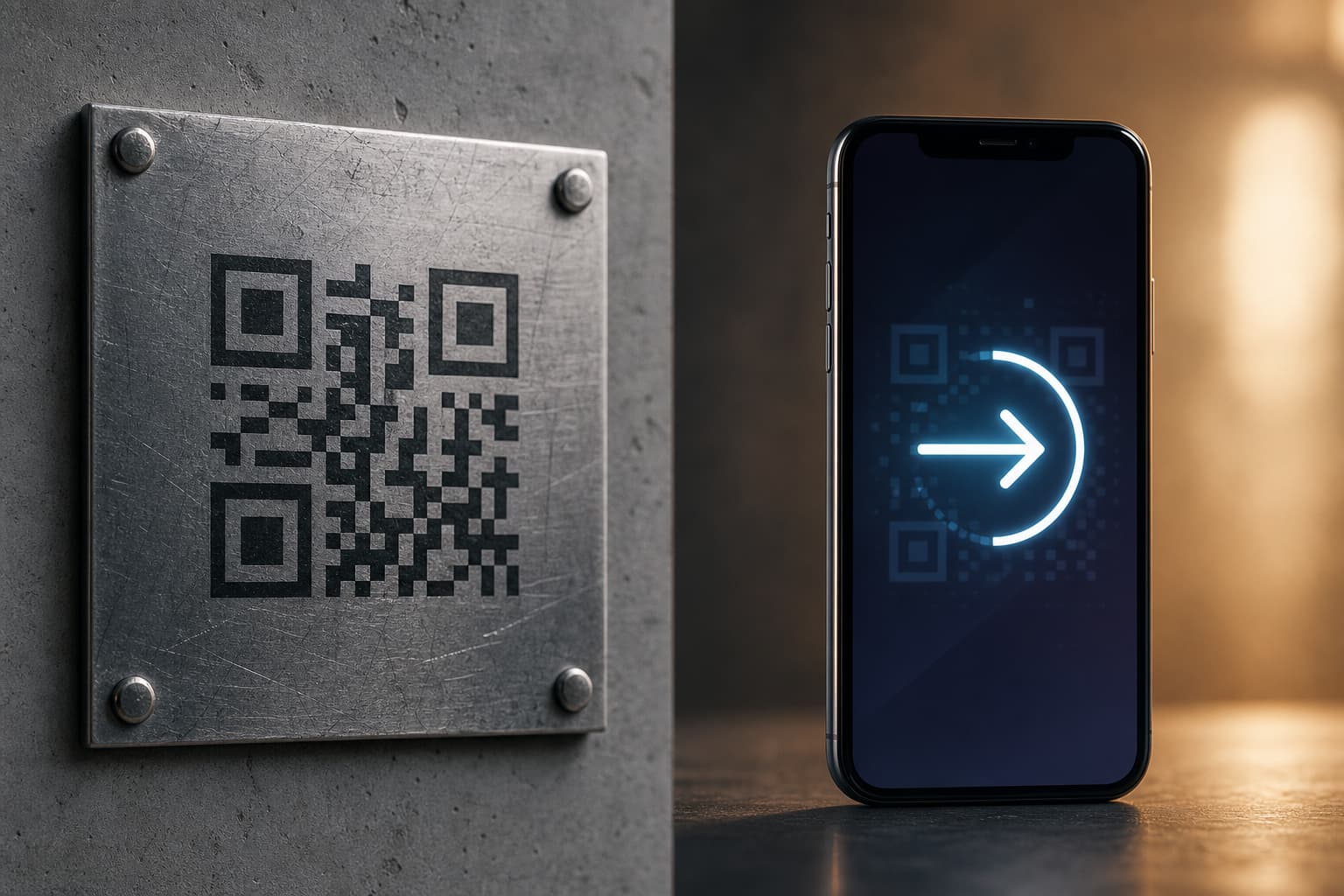 Composition photographique divisée montrant un côté avec un QR code imprimé en permanence sur une plaque métallique et l