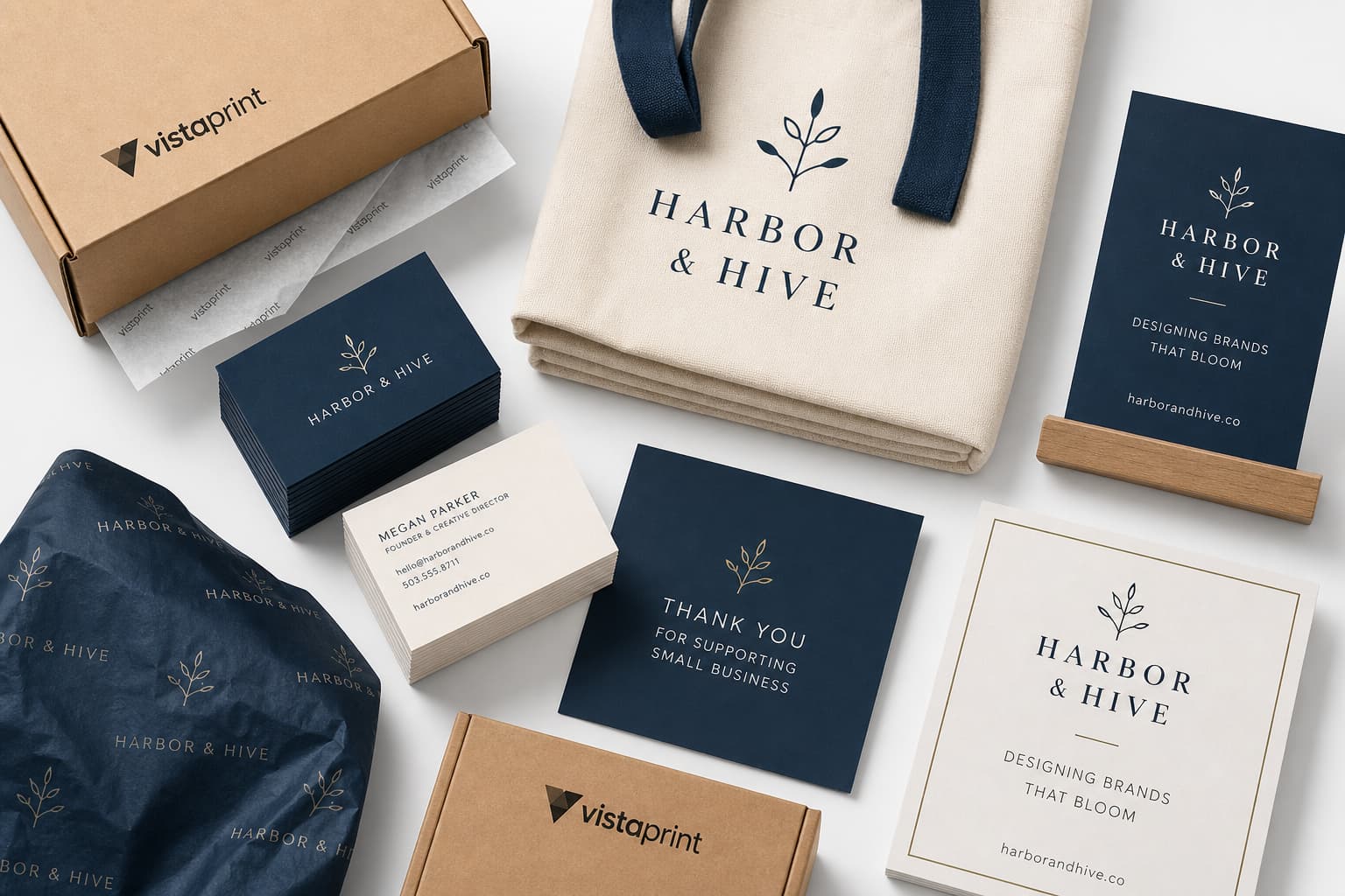 Des cartes de visite, des sacs fourre-tout et des panneaux avec des logos professionnels identiques sont disposés à plat, avec un emballage de marque VistaPrint visible, sur fond blanc, en vue plongeante avec des ombres douces.