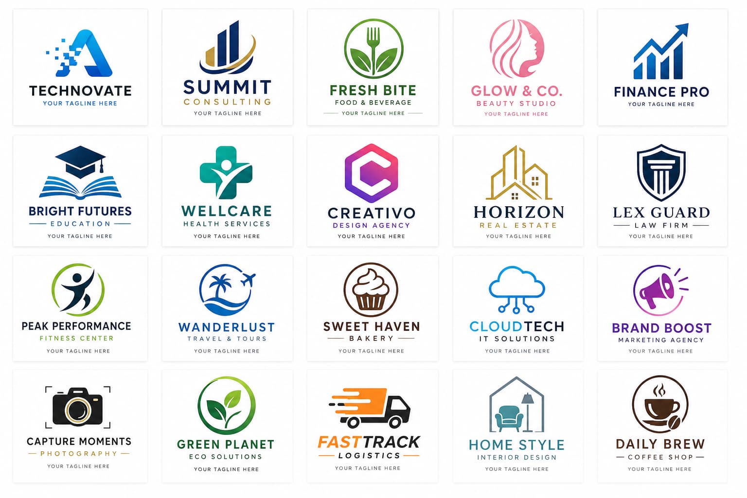 Grille de modèles de logos professionnels sur fond blanc, couvrant les secteurs tech, alimentaire, beauté et consulting, avec icônes et textes modifiables