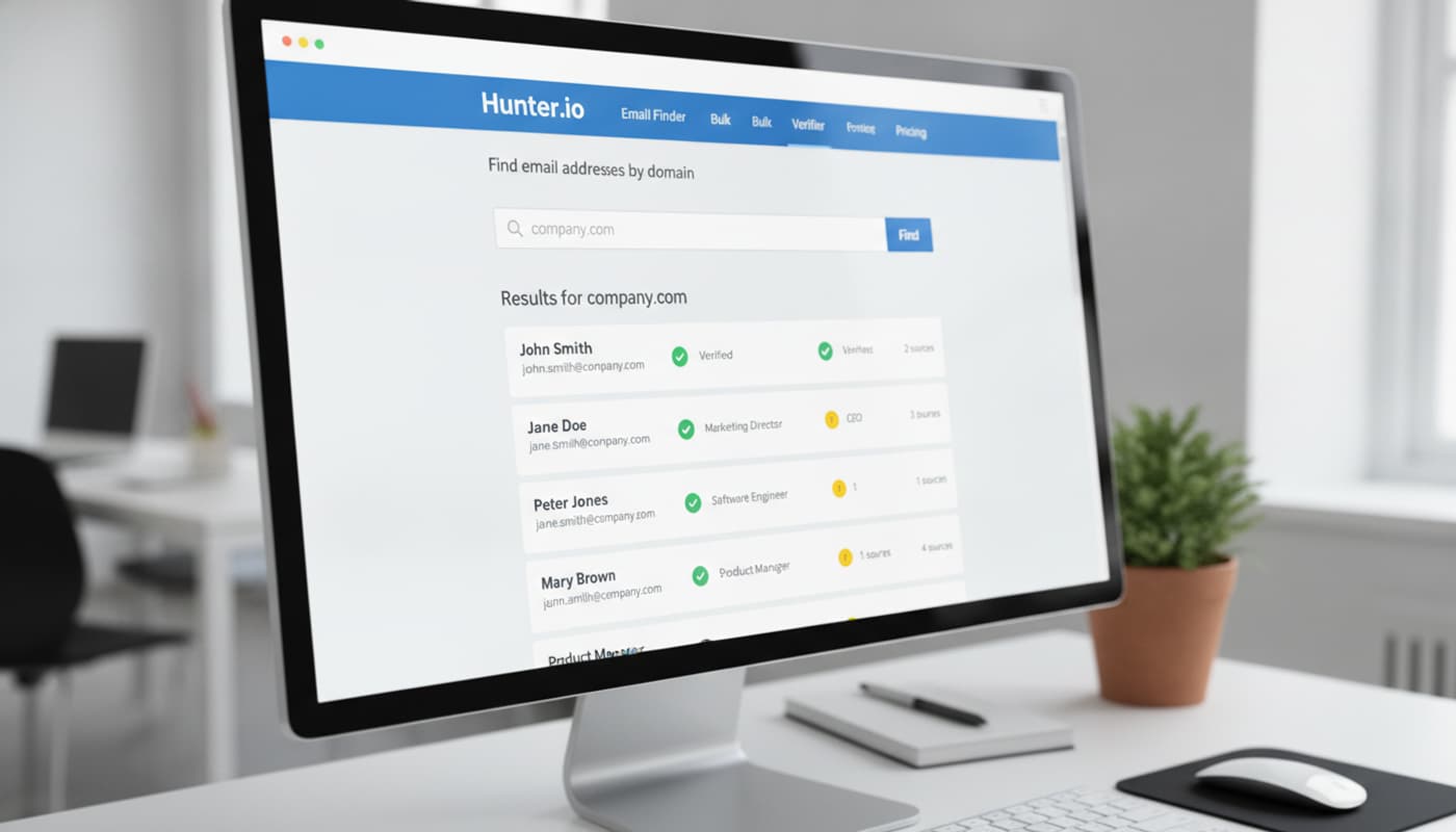 Interface web de Hunter.io sur un écran d'ordinateur montrant l'outil de recherche d'emails avec barre de recherche, liste d'emails trouvés et badges de vérification.