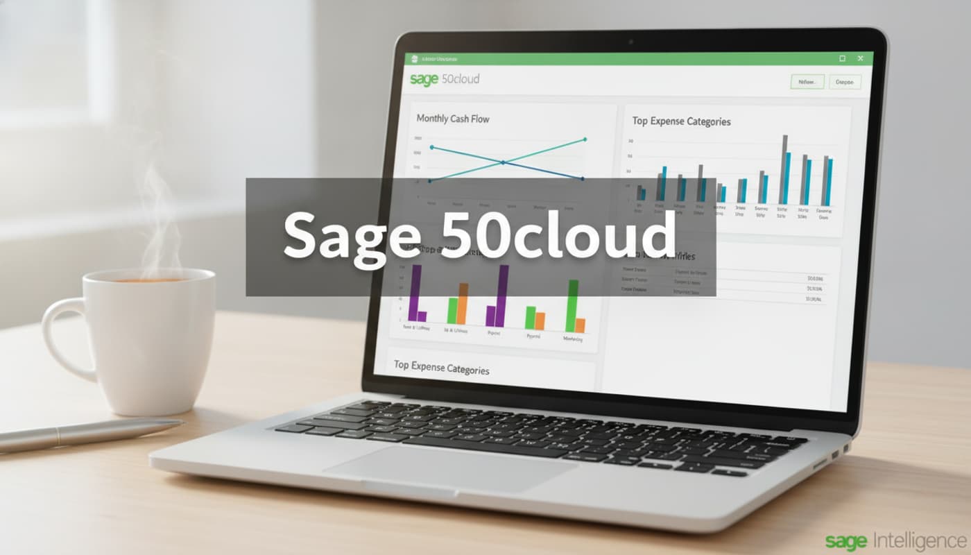 Gros plan sur un écran d'ordinateur portable affichant l'interface de Sage 50cloud avec des graphiques de trésorerie, une tasse de thé et un stylo posés sur un bureau minimaliste, dans une lumière matinale douce, avec le texte 'Sage 50cloud' en surimpression.