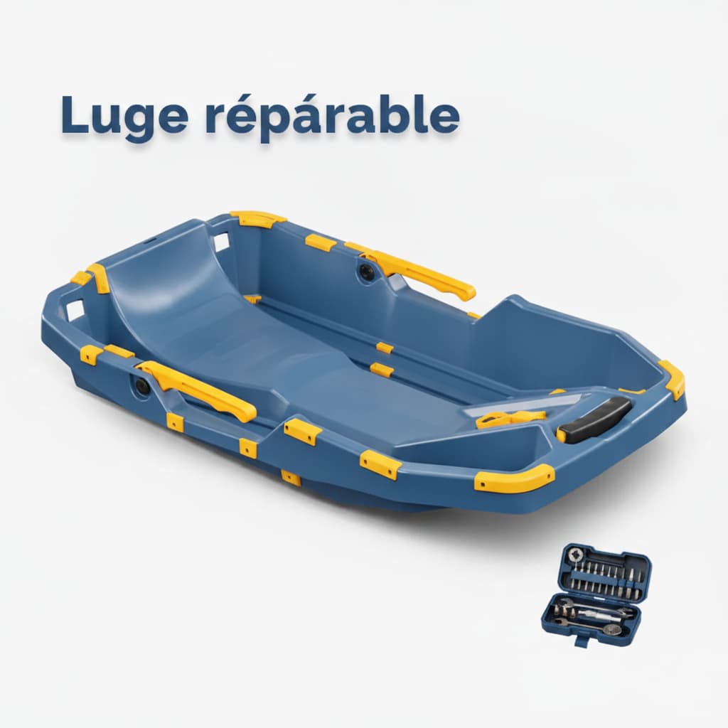 Luge adulte Trilugik de Décathlon sur fond blanc, structure modulaire visible avec coutures surlignées, un kit d'outils à côté, texte 'Luge réparable' superposé.