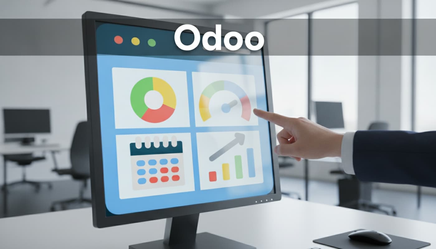 Gros plan sur un écran d'ordinateur affichant le tableau de bord modulaire d'Odoo avec des icônes colorées pour l'inventaire, les ventes et la comptabilité, tandis qu'une main pointe l'écran pour sélectionner un module, le tout dans un bureau lumineux avec le texte 'Odoo' en surimpression.