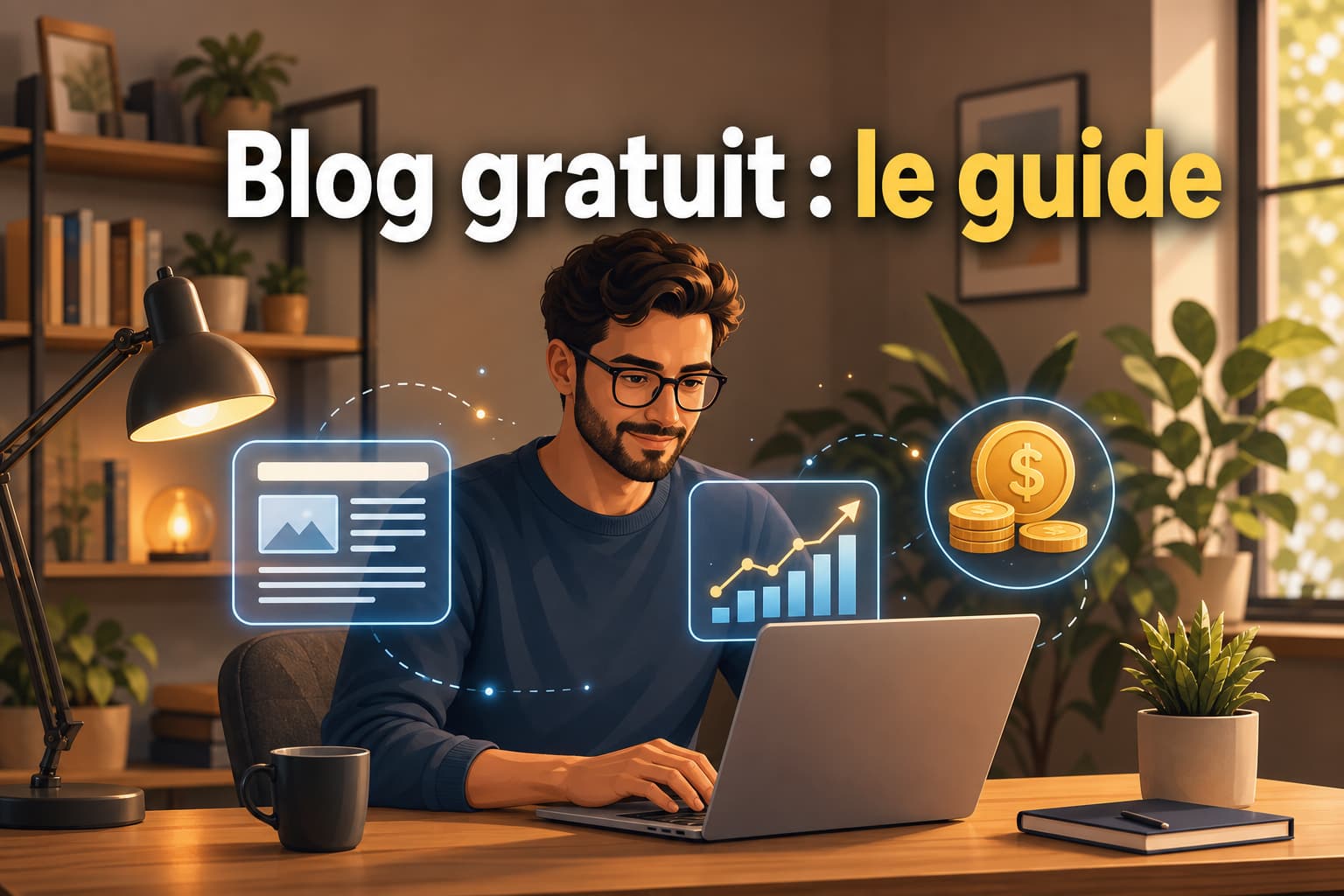 Personne travaillant sur un ordinateur portable dans un bureau à domicile chaleureux, avec des icônes holographiques flottantes de blogs, graphiques et pièces de monnaie, éclairage tamisé et style moderne épuré, surmontée du texte