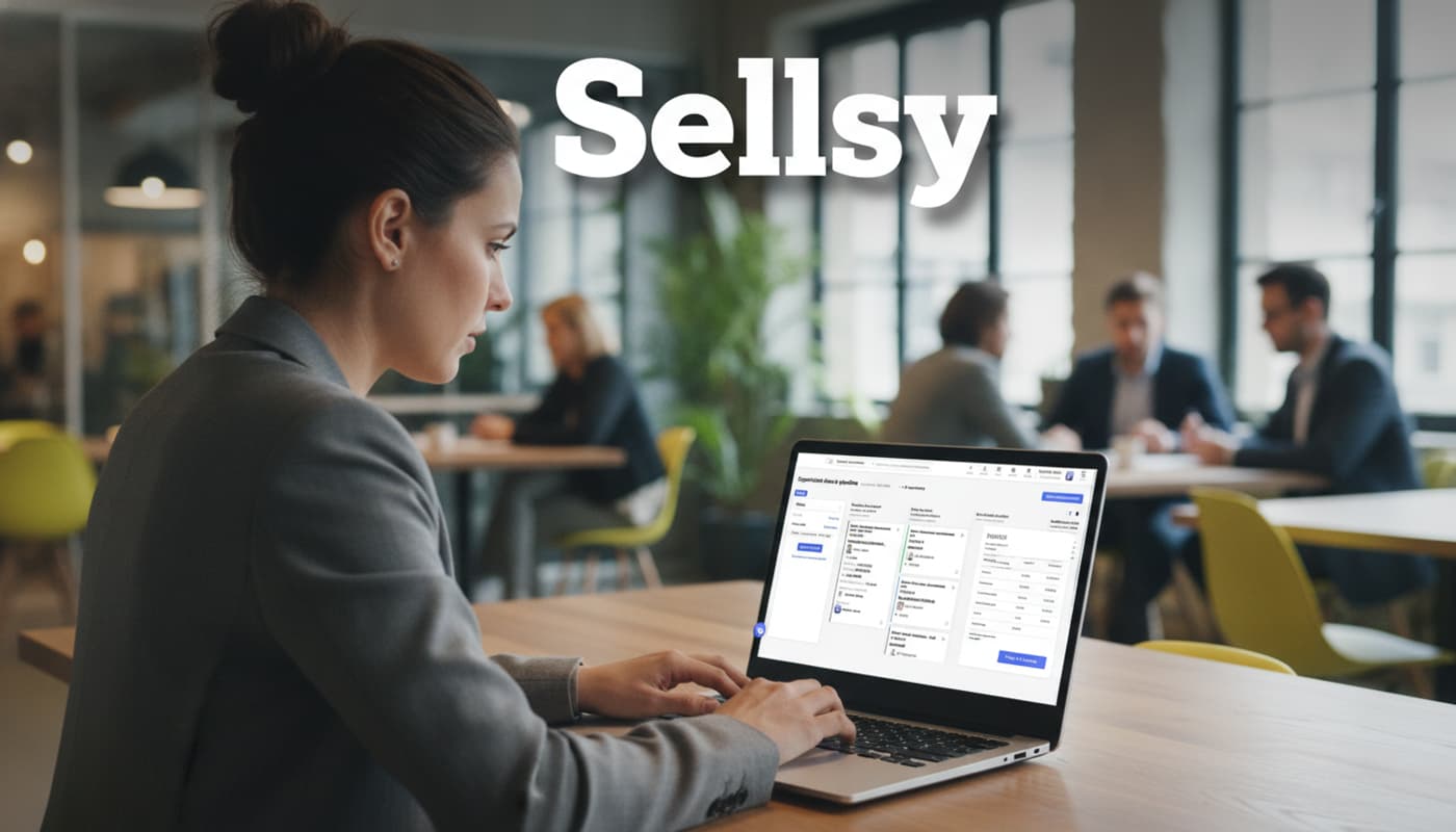 Un professionnel de la vente travaillant sur un ordinateur portable dans un espace de coworking moderne, l'écran montrant l'interface Sellsy avec un pipeline de ventes et une facture, le texte 'Sellsy' superposé avec ombre portée sur un bandeau semi-transparent sombre.