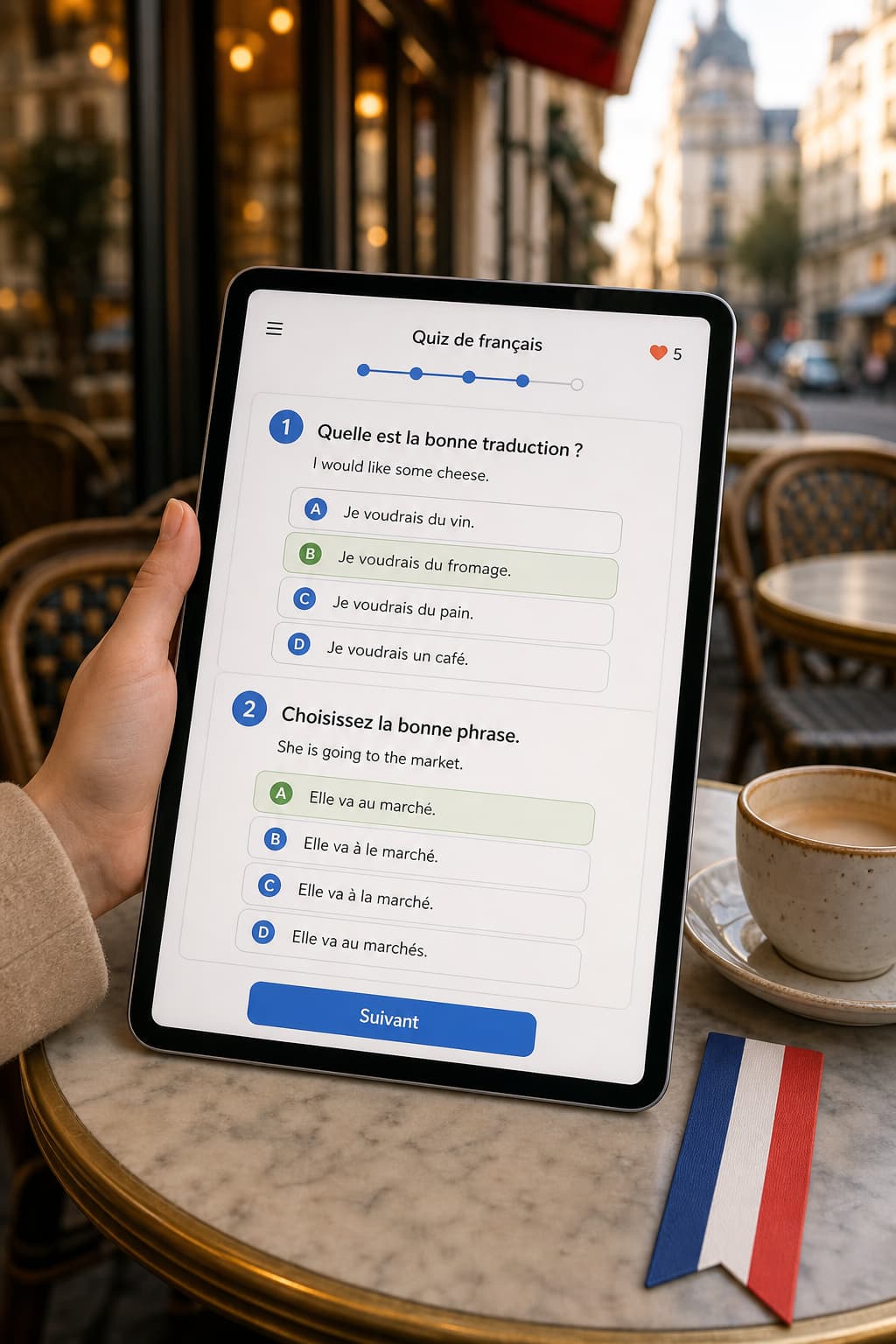 Tablette en mode portrait affichant une interface de quiz en français avec questions à choix multiples, un marque-page aux couleurs du drapeau français posé sur le bureau, et en arrière-plan une terrasse de café parisien floue avec lumière ambiante chaleureuse.