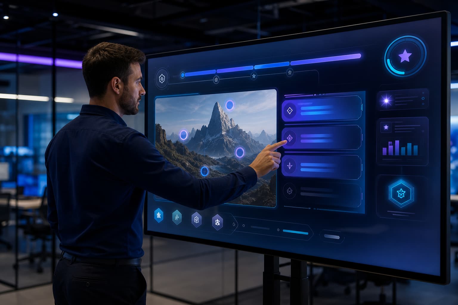 Un grand écran tactile affiche un quiz animé aux éléments lumineux et interactifs dans un bureau moderne à la lumière ambiante tamisée.
