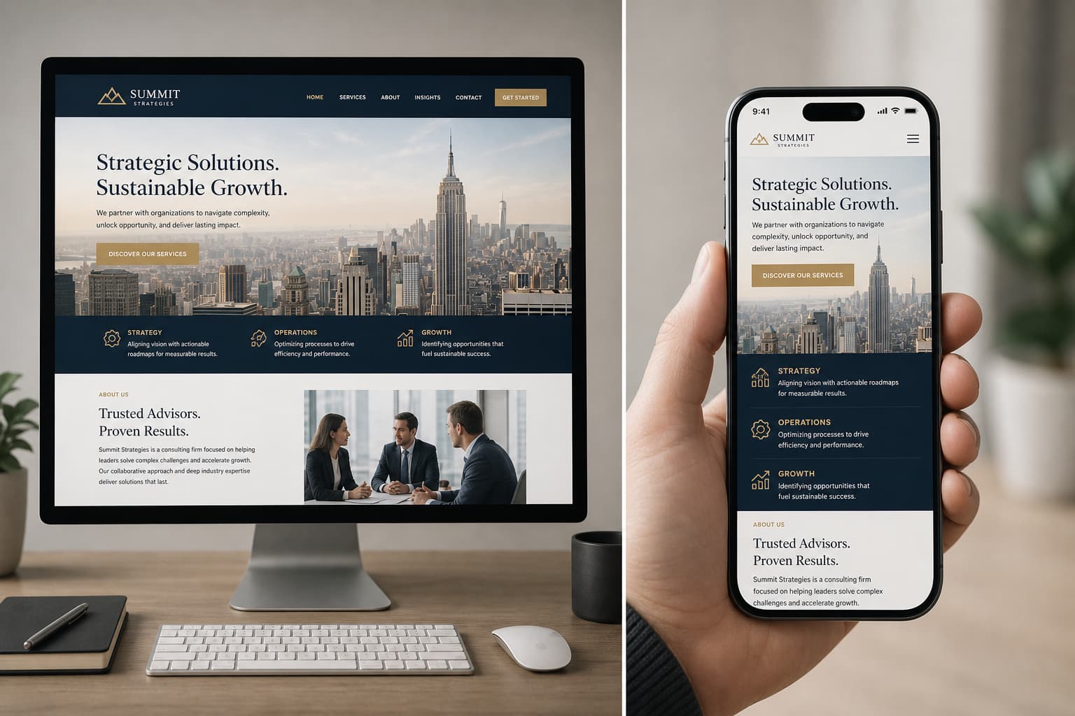 Split-screen editorial image showing responsive web design: a desktop monitor displays a professional business website with elegant typography and hero image on the left, while a hand holds a smartphone showing the same website perfectly adapted to mobile layout with stacked elements on the right, against a clean neutral background with soft shadows, conveying a modern tech aesthetic.