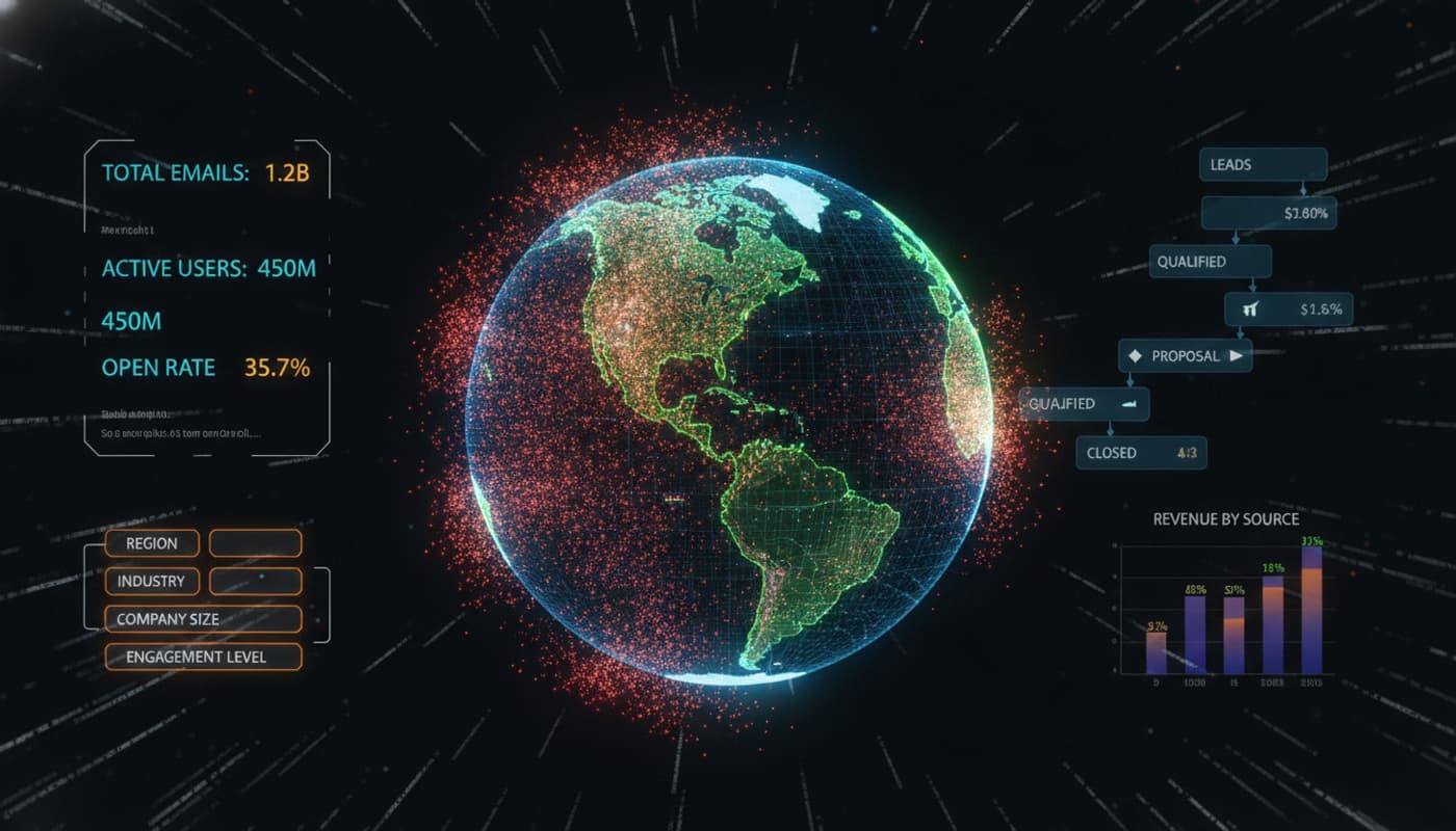 Un tableau de bord futuriste sombre avec une carte du monde et des points de contact lumineux, montrant des métriques et des filtres pour l'intelligence commerciale.