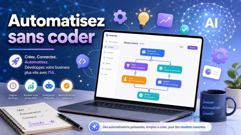 Espace de travail moderne avec un ordinateur portable affichant un flux de travail automatisé, des icônes d'engrenages et d'ampoules flottantes, un motif de réseau neuronal en arrière-plan, et le texte 'Automatisez sans coder' en superposition.