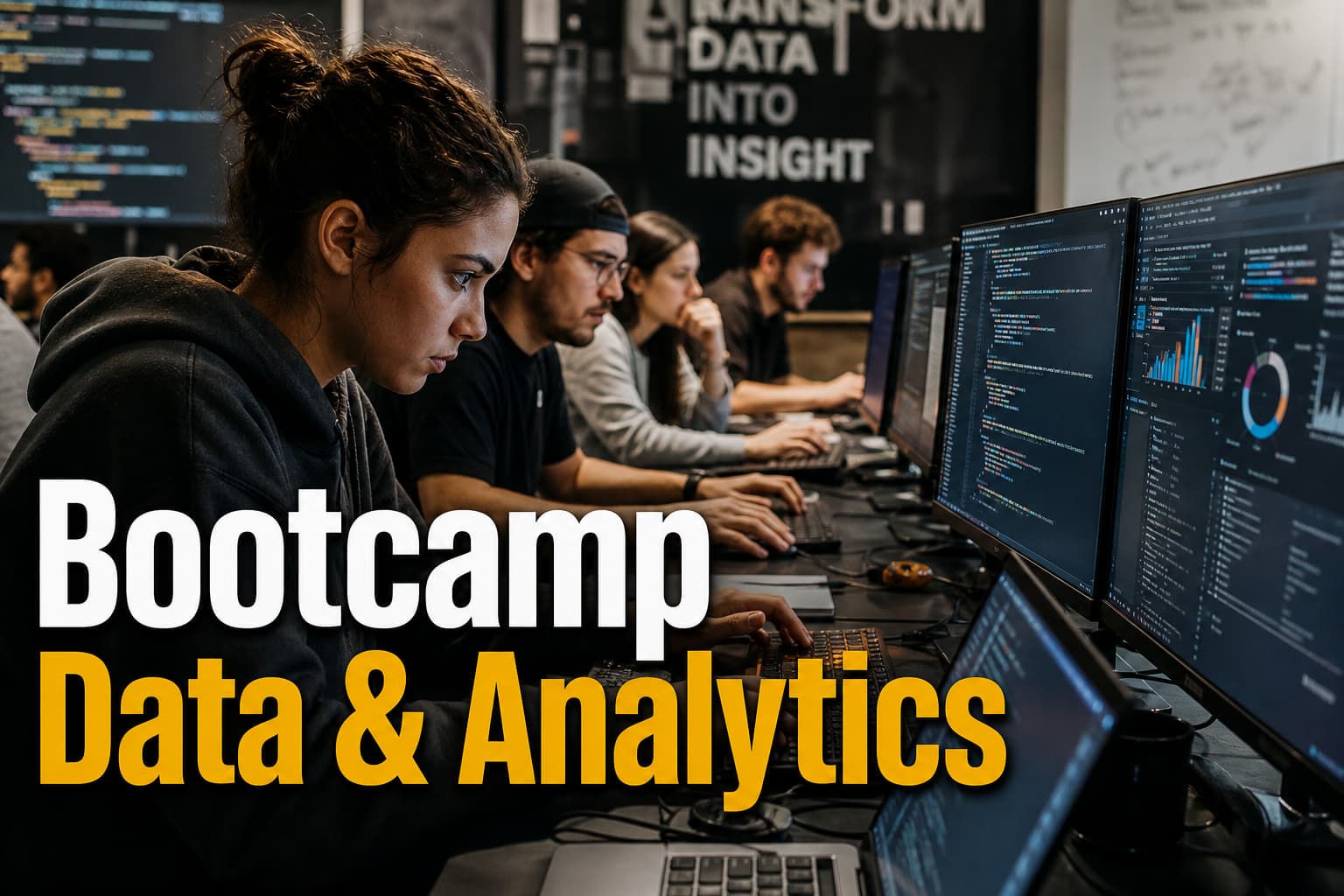 Salle de classe de bootcamp de codage avec plusieurs écrans affichant des scripts Python et tableaux de bord, des mains tapant sur des claviers, et texte superposé