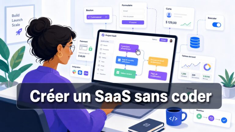 Une personne construisant une application avec des blocs de code visuel par glisser-déposer sur un ordinateur portable, entourée d'éléments d'interface flottants et du texte superposé 'Créer un SaaS sans coder'.