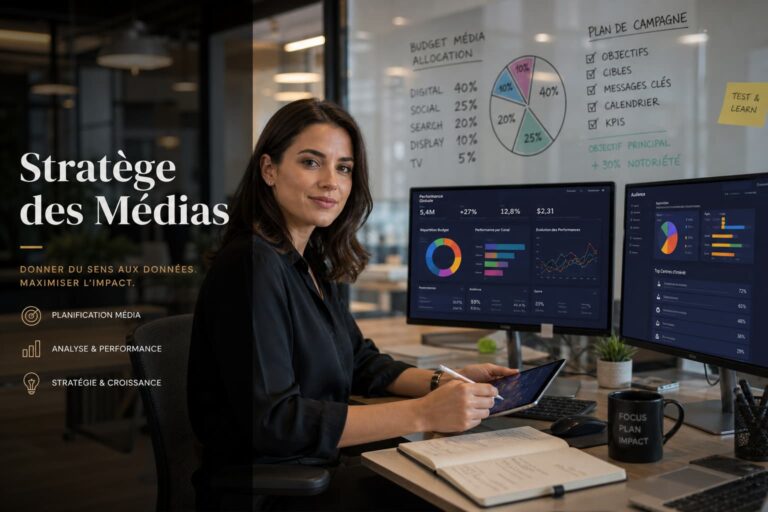 Une femme media planner confiante est assise à un bureau moderne équipé de deux écrans affichant des analyses de campagnes colorées, prend des notes sur une tablette, avec un tableau blanc en verre derrière elle montrant des budgets médias, tandis qu'un texte 'Stratège des Médias' apparaît en surimpression.