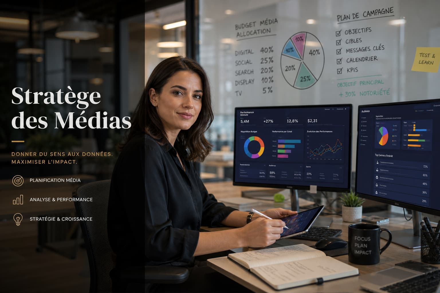 Une femme media planner confiante est assise à un bureau moderne équipé de deux écrans affichant des analyses de campagnes colorées, prend des notes sur une tablette, avec un tableau blanc en verre derrière elle montrant des budgets médias, tandis qu