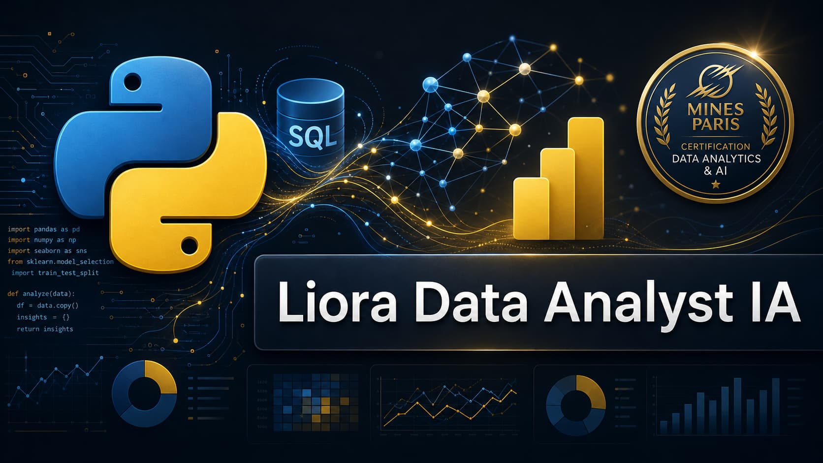 Composition dynamique mêlant logos Python, SQL et Power BI à des motifs de réseau neuronal sur fond sombre, avec un badge lumineux Mines Paris et le texte