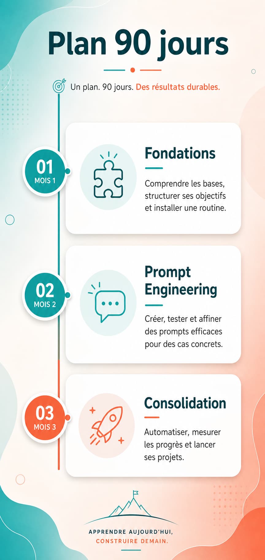 Chronologie verticale colorée présentant un plan de 90 jours avec trois phases intitulées Fondations, Prompt Engineering et Consolidation, chacune accompagnée d