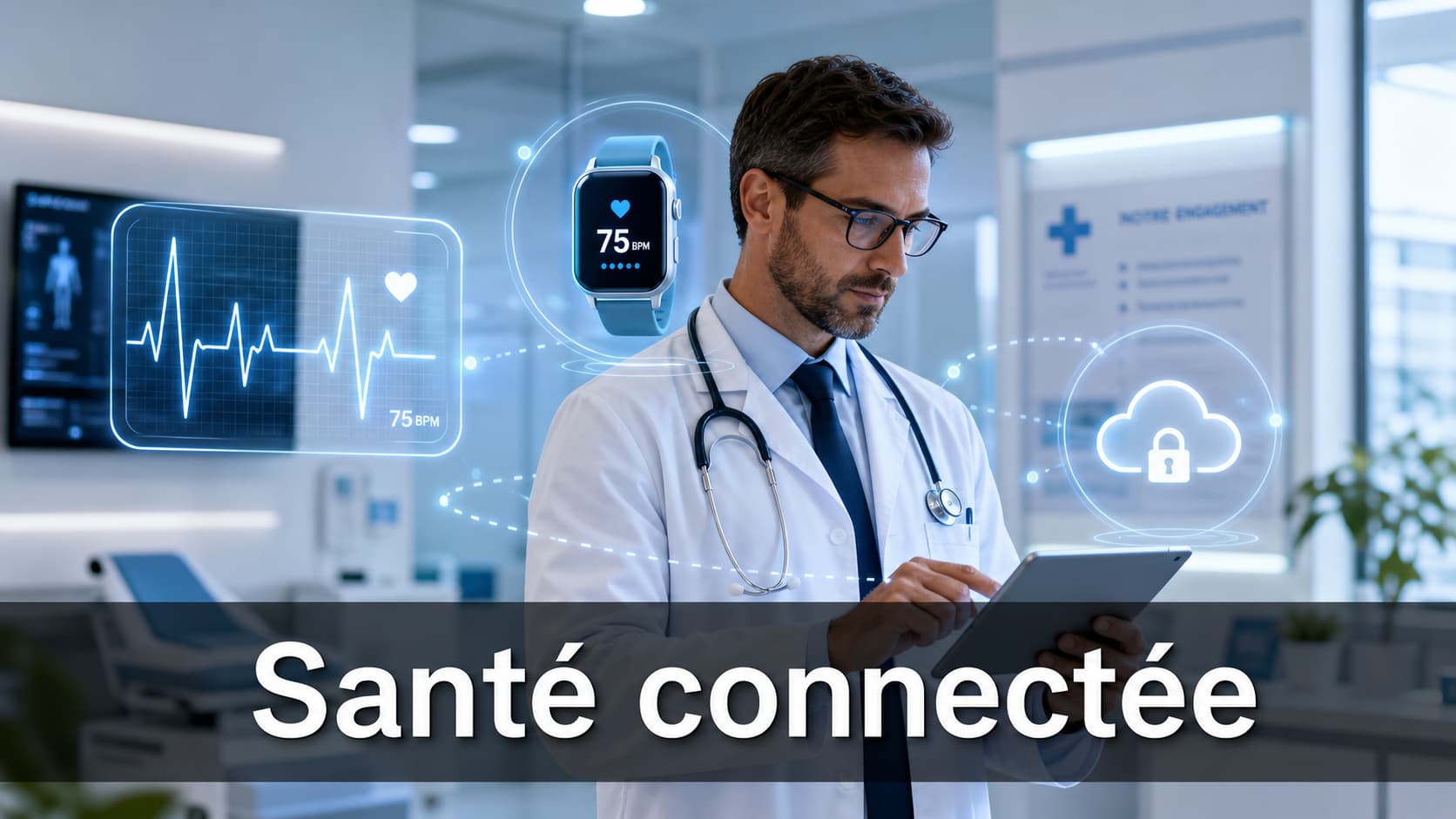 Un médecin en blouse blanche tient une tablette tactile, des icônes holographiques flottantes montrent un rythme cardiaque, une montre connectée et un stockage cloud, avec le texte