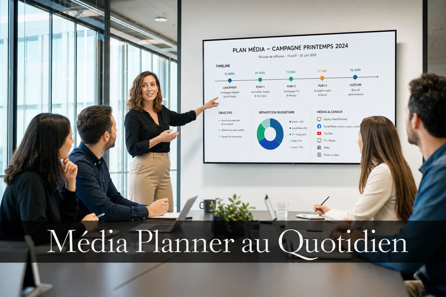 Un média planner présente une stratégie média sur un grand écran affichant une chronologie de campagnes, dans une salle de réunion moderne baignée de lumière naturelle, devant un petit groupe de clients attentifs. Un bandeau semi-transparent affiche