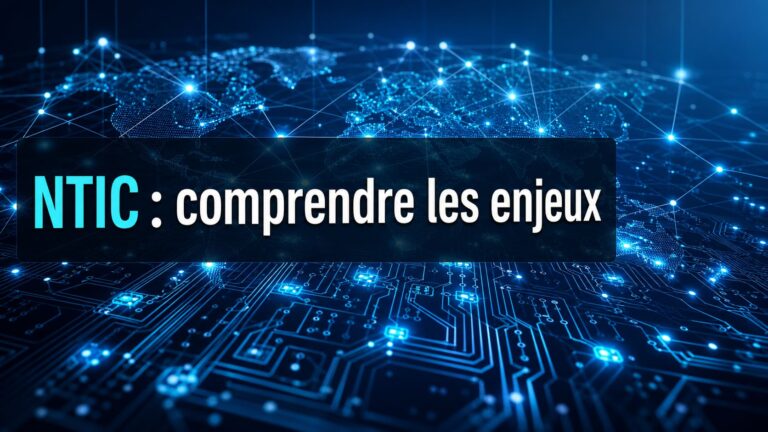 Réseau numérique lumineux affichant des nœuds et des circuits interconnectés, sur fond bleu foncé et cyan, avec le texte 'NTIC : comprendre les enjeux' superposé sur une surcouche sombre semi-transparente.