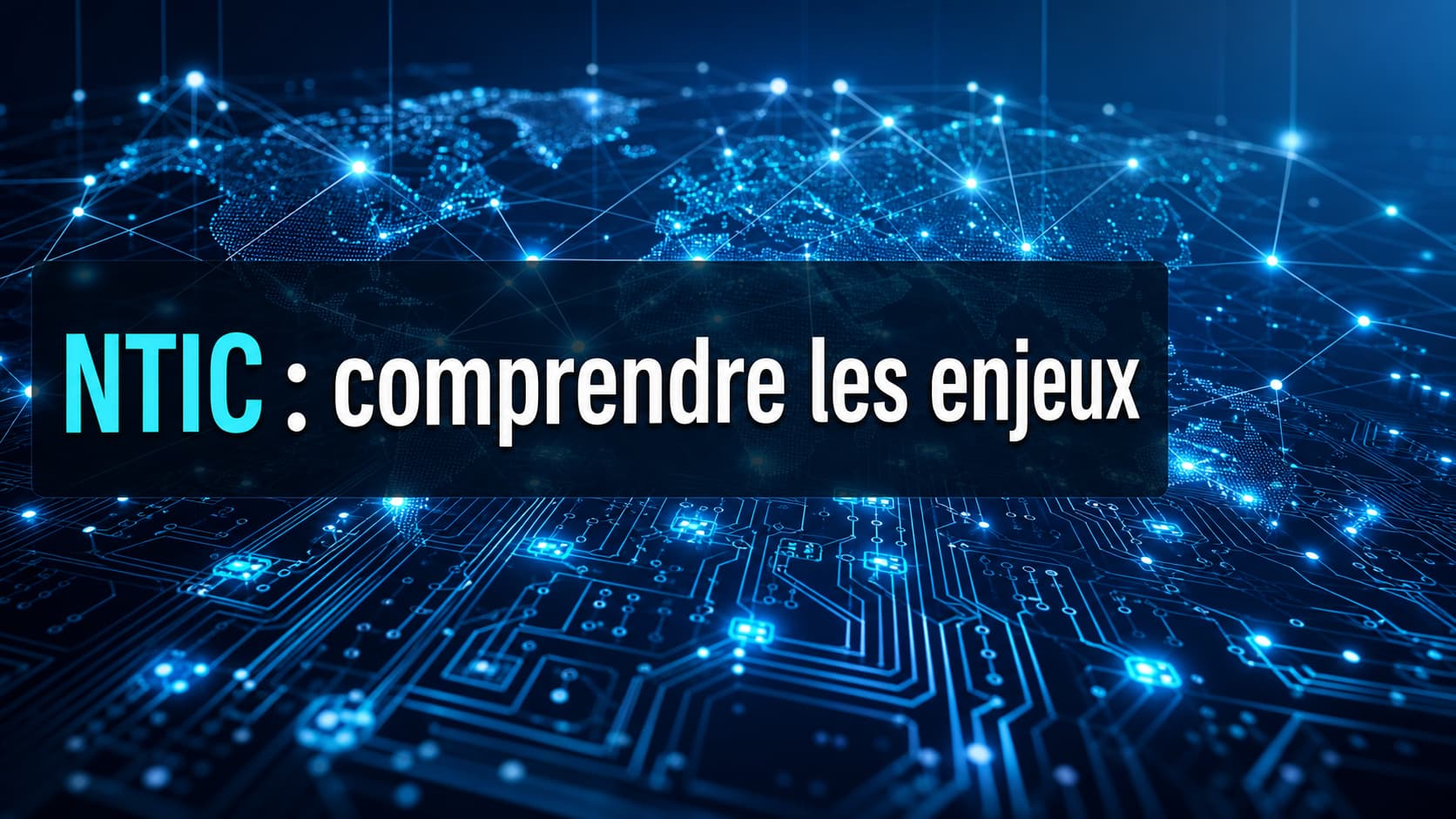 Réseau numérique lumineux affichant des nœuds et des circuits interconnectés, sur fond bleu foncé et cyan, avec le texte