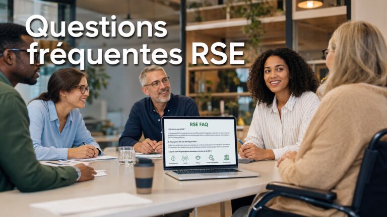 Équipe diversifiée réunie autour d'une table discutant devant un ordinateur portable affichant un document intitulé 'RSE FAQ', avec le texte 'Questions fréquentes RSE' superposé dans un bureau à l'éclairage chaleureux.